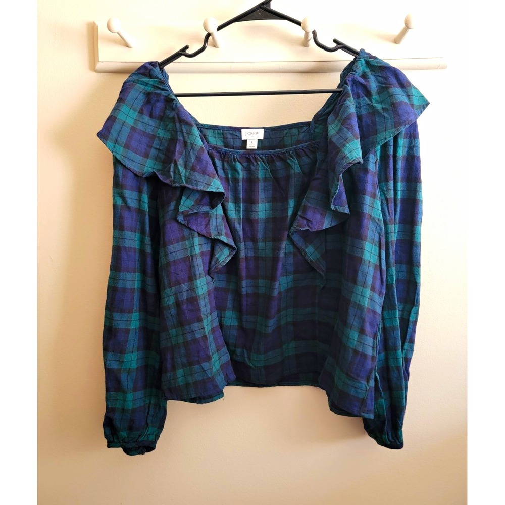 NWT J.CREW Women's L Blue Green Plaid Ruffle Square Neck Cotton Blouse Boxy